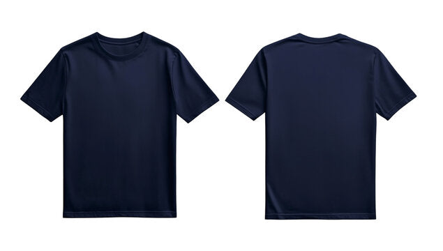 Front and back views of a plain navy blue short-sleeve crewneck t-shirt on a solid white background. mang x guav indi 