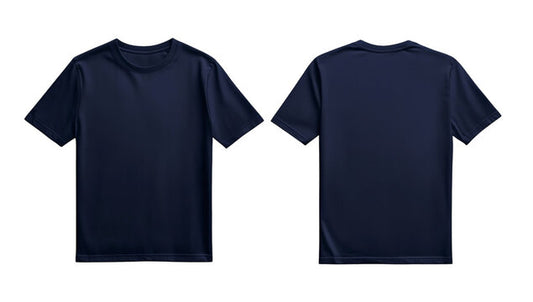 Front and back views of a plain navy blue short-sleeve crewneck t-shirt on a solid white background. mang x guav indi 